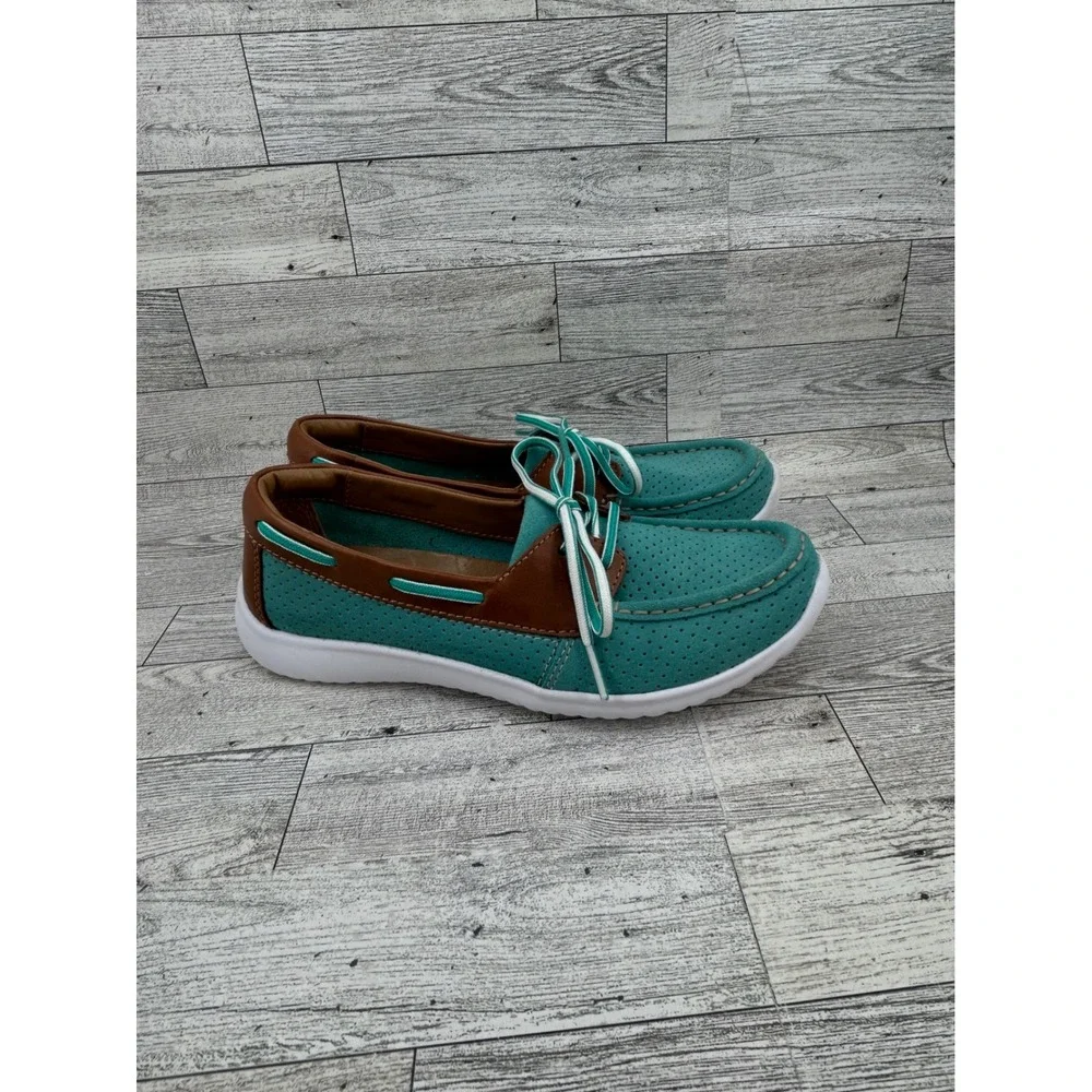 Clarks Collection Teal Suede Boat Shoes‎ Brown Leather Trim 7M 26100156